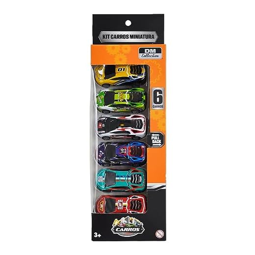 Kit com 6 Mini Carrinhos Sport Pull Back Metal 7,5cm DM Collection