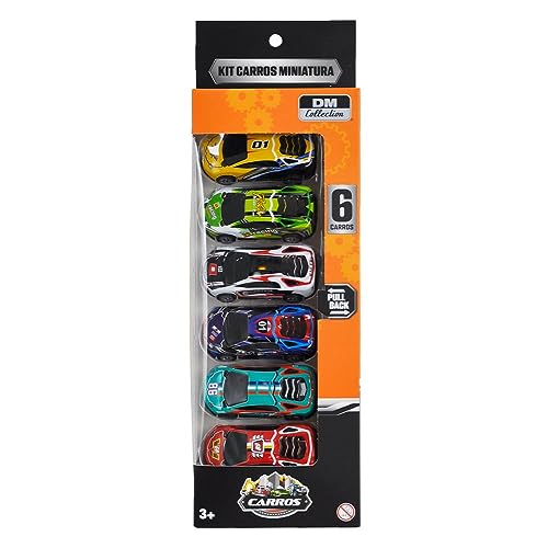Kit com 6 Mini Carrinhos Sport Pull Back Metal 7,5cm DM Collection