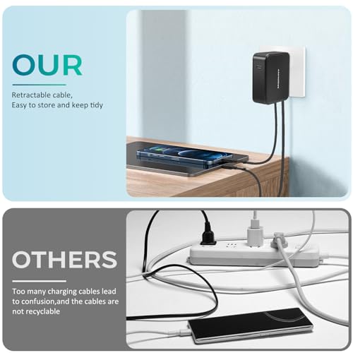 MQOUNY for iPhone 16 Charger,62W Retractable Wall Charger with Dual Cables,35W USB C PD Power Adapter with Foldable Plug Fast Charging Block for iPhone 16/15/14/13,iPad, Samsung Galaxy