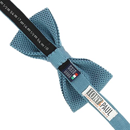Noeud papillon tricot en soie bleu plomb par Tony & Paul pour un style élégant.