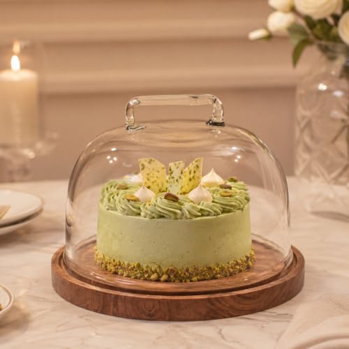 Image of Sweet Vault Acacia Wood Cake Stand with Glass Dome | Multipurpose Serving Cake Plate | Dessert Cupcake Pastry Display Stand | Round Cake Cutting Holder