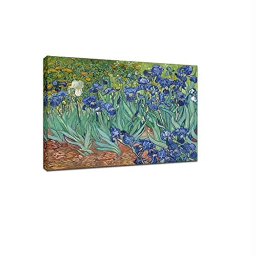 Wieco Art - Irises Modern Stretched and Framed Floral Giclee Canvas Print By Van Gogh Famous Flowers Oil Paintings Reproduction Artwork Pictures on Canvas Wall Art for Bedroom Home Decorations