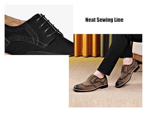 Men's Suede Wing Tip Round Toe Formal Wedding Brogues Retro Patchwork Block Heel Tuxedo Dress Derby Oxfords for Party Business4