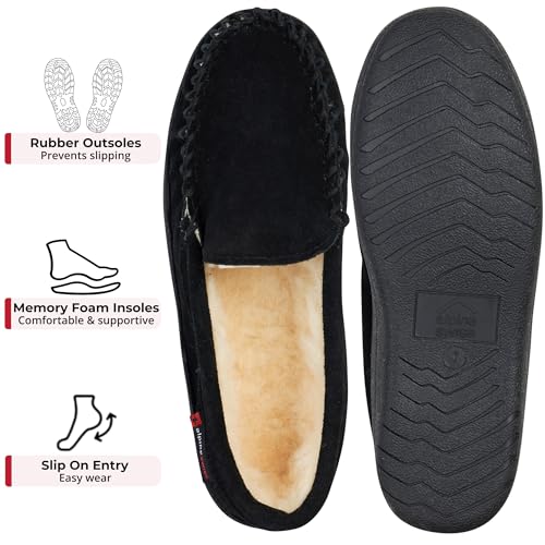 Image of Alpine Swiss Men's Moccasin Slippers Genuine Suede Slip-On House Shoes Memory Foam Insoles Plush Faux Shearling Lining Comfortable Indoor Outdoor Slipper with Anti-Slip Rubber Sole