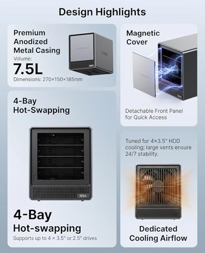 Image of ACEMAGIC NAS N3A 4-Bay Desktop Network Attached Storage Home & Office Backup Hub,Protect Data, Up to 136TB NAS 4xHDD+2xM.2 Slots, Dual 2.5G+1G LAN, 8GB DDR4,128GB PCIe3.0 SSD, Diskless