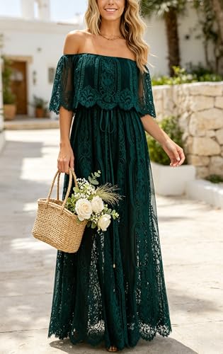 Image of Cercis Womens Off The Shoulder Floral Lace Maxi Wedding Dress Boho Flowy Wedding Guest Formal Long Dresses