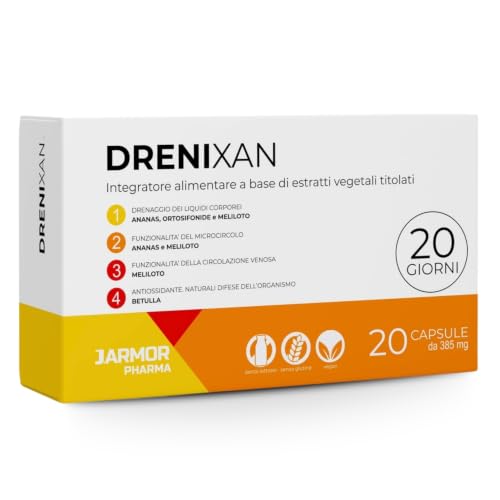 Complemento Alimenticio Diurético para la Retención de Líquidos, Drenante y Diuretico, 20 Cápsulas - Drenixan J.Armor Pharma Sin Gluten y Lactosa Vegan