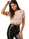 Allegra K Women's Sequin Shiny Glitter Crop Top Christmas Short Sleeves Party Tassel T-Shirt Small Rose