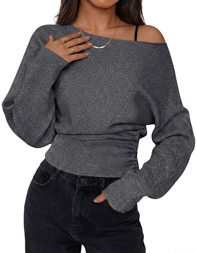 Simlakey Women Off Shoulder Sweater Bat Wing Sleeve Ribbed Knit