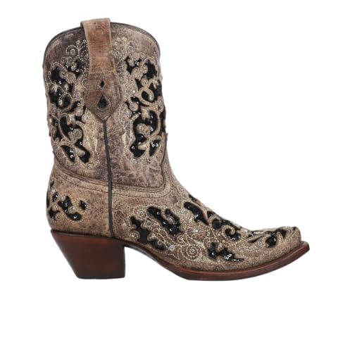 Image of CORRAL Women's Snip Toe Wedding Embroidered Glitter Inlay and Crystals Handcrafted Pull-On Leather Over-the-Ankle Cowboy /Cowgirl Boots