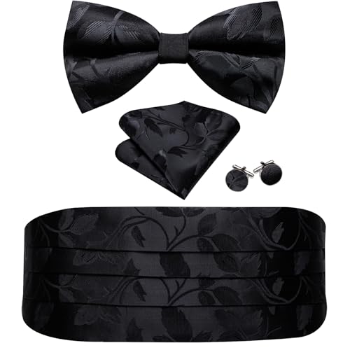 Image of Barry.Wang Men Silk Paisley Cummerbund and Pre-tied Bowtie Handkerchief Cufflink Set for Tuxedo