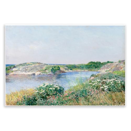 'Rocky Shore Flower Bushes Ocean Inlet Scene'| Wall Plaque Art