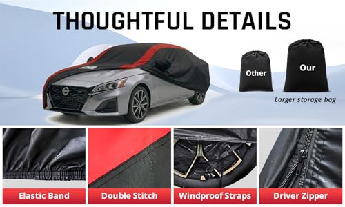 Image of Altima Car Cover Waterproof All Weather with Red Strip Design, Custom Fit for Nissan Altima 2002-2025, Altima Accessory with Door Zipper & Windproof Straps