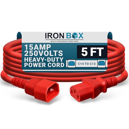 IronBox Electric - Heavy-Duty C14 to C13 Power Cord, 15A, 250V, 14/3 AWG Computer Extension Cable - PDU Power Cables for PC Adapter, Server Rack Cord, Monitor Cable Extender (Red 5 Foot)