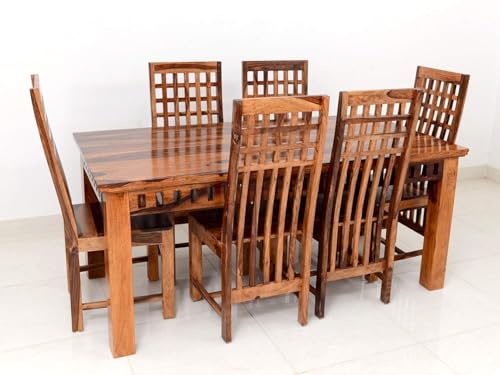 Image of Sheesham Wood Rectangle Dining Table with 6 Chairs | Durable Wooden Multipurpose 6 Seater Dining Table Set Furniture for Living Room, Home, Restaurant and Hotels (Natural Finish)