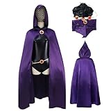 Pigmiss Teenager Titans Raven Cosplay Costume Halloween Deluxe Jumpsuit Belt Purple Cloak Full Set Halloween Uniform Cosplay Costume for Women (XS)