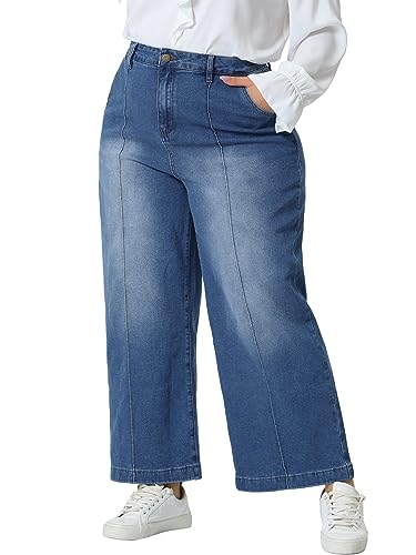 Agnes Orinda Plus Size Jeans for Women Wide Leg Baggy Washed Stretch with Pockets Denim Ankle Pants2