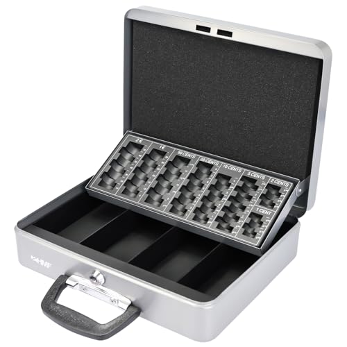 HMF 10016-09 Caja de caudales con cerradura con tablero de conteo de monedas, caja registradora con asa para maleta, 30,5 x 24 x 8,5 cm, color plateado