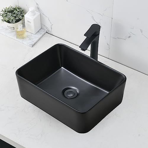 Black Vessel Sink with Faucet and Drain Combo -Bokaiya 16x12 Matte Black Vessel Bathroom Sink Rectangle Above Counter Porcelain Ceramic Vessel Sink Art Basin