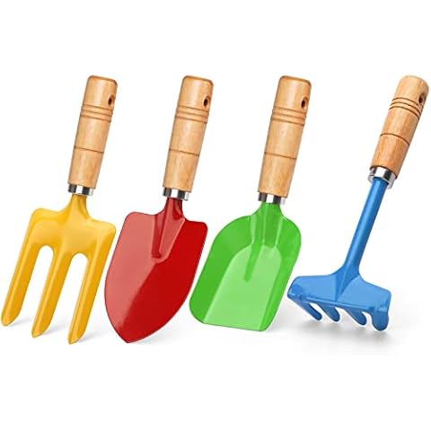 Anzmtosn Kids Metal Garden Tool Set Sand Toy, Rake, Spade, Hoe and Leaf Rake, Beach Shovels Scoop Toy, Essential Toddler Sandbox Kit Beach Gear Accessories Outdoor Gardening, 4 Pack Cover