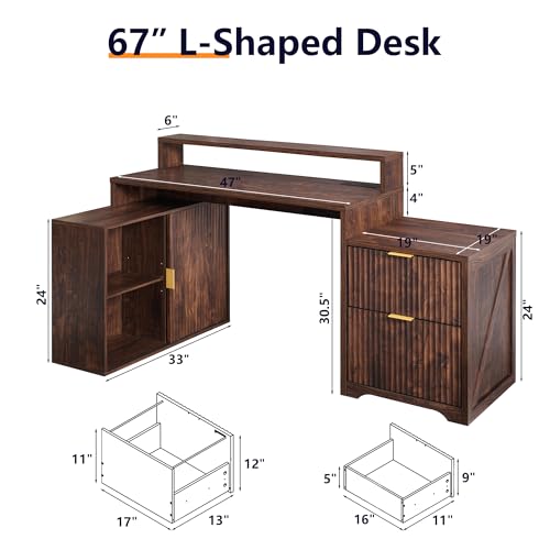 Image of 67 inch Modern Desk with Storage Cabinet & 2 Drawers, Built‑in Outlet | L Shaped Desk with Storage, Wood Home Office Desk, storage cabinet with sliding doors, Dark Walnut