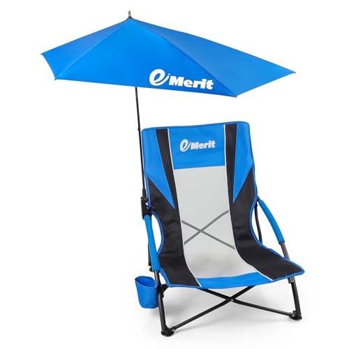 Image of EMERIT Low Beach Chairs for Adults with Removable UPF 50+ Umbrella, Lightweight Folding Backpack Camping Chair with Cup Holder, Portable Sand Chair for Beach, Picnic, Lawn