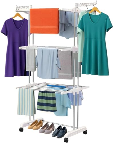 Image of H Houseware Foldable Stainless Steel Cloth Drying Stand 3 Tier Heavy-Duty Clothes Dryer with Wheels & Hanger Slots | Rust-Proof Laundry Rack for Balcony, Indoor & Outdoor Use(White)