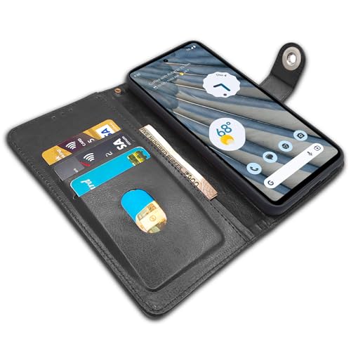 Image of Pikkme Google Pixel 7A Flip Cover Leather Finish | Inside TPU with Card Pockets | Wallet Stand and Shock Proof | Complete Protection Button Flip Case (Black)