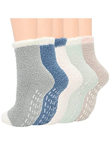 Century Star Athletic Fuzzy Socks With Grips Women Slipper Socks Non Slip Cozy Socks Outdoors Yoga Socks For Christmas 5 Pairs Simple Color Set (Non-Slip) One Size #TOP23
