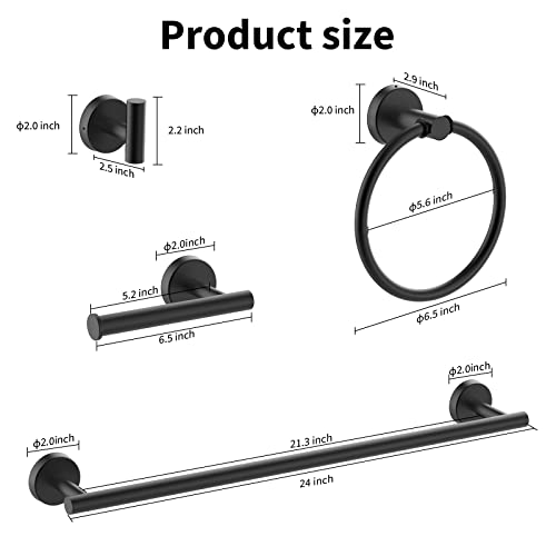 Cilee 8 Piece Matte Black Bathroom Hardware Set, 24Inch Bathroom Towel Bar+Towel Ring+Toilet Paper Holder+ Robe Towel Hook, Sus304 Stainless Steel Bathroom Accessory Set #TOP3