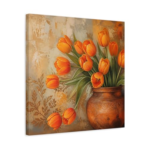 Impression sur Toile Tulipes Oranges, grand décor mural carré de 50x50 cm