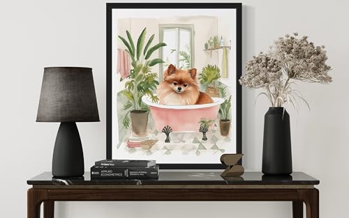 Image of Pomeranian in Bathtub Black Framed Wall Art Poster Print, Animal Bathtub Restroom Wall Art Painting for Bathroom Decor Gallery Gallery 30 (Pomeranian in Bathtub, 24 inch L x 18 inch W, Black Frame)