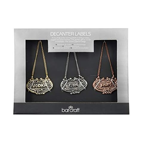 BarCraft BCDC3PC Decanter Labels Set in Gift Box, Rum, Vodka and Gin Designs, Aluminium, Assorted Colours, Silver,3 Pieces Cover