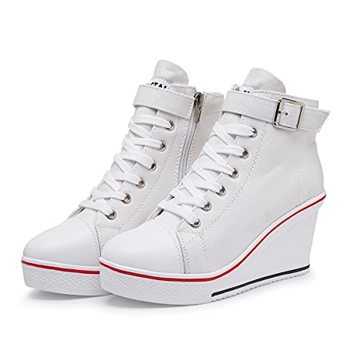 Mei MACLEOD Wedge Heel Sneaker for Women High Heel Sneaker Side Zipper/Lace Up Canvas Shoes for Ladies College Students