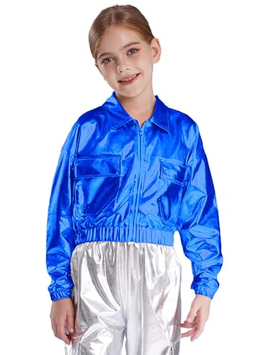 Kids Girls Boys Shiny Metallic Jacket Lightweight Long Sleeve Zipper Coat Hip Hop Jazz Dance Outwear Streetwear