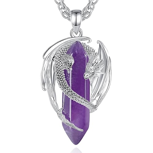 CELESTIA Silver-Plated Copper Dragon Necklace Crystal 7 Chakras, Rose Quartz, Turquoise, Obsidian, Amethyst, Malachite, White Crystal, Dongling Jade - 22''+2'' Stainless Steel Singapore Chain