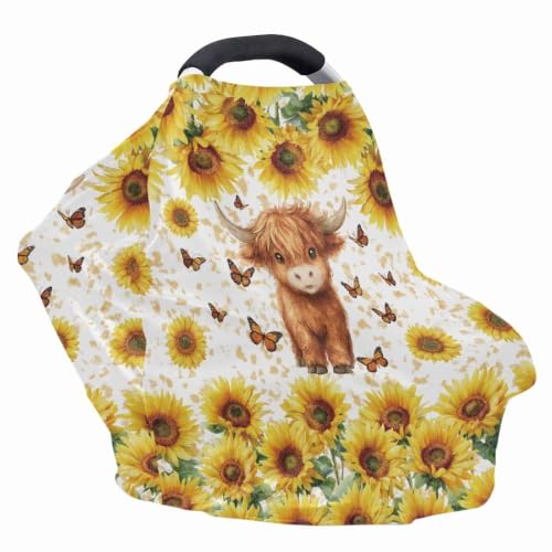 Image of Wanyint Baby Car Seat Covers Carseat Canopy for Boys Girls, Multi-Use Nursing Breastfeeding Covers Mothers Nursing Scarf, Highland Cow Butterfly Sunflower