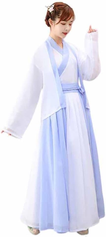 Women's Hanfu Outfit, White and Blue, Narrow Sleeve Jiao Ling Qiyao Ruqun, Traditional Chinese Student Costume