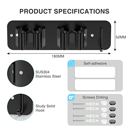 Cosicosy Mop Broom Holder, SUS304 Stainless Steel Mop Holder Wall Mounted 2 Racks with Hook Broom Hanger 2 Pcs Broom Holder Self-Adhesive/Perforated (Include Screws), Black - Image 7