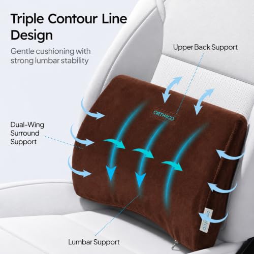 Image of Lumbar Support Back Cushion, Brown | Ergonomic Lower Back Support, Back Pain Relief, For Car Seat & Office Chair, Portable Backrest