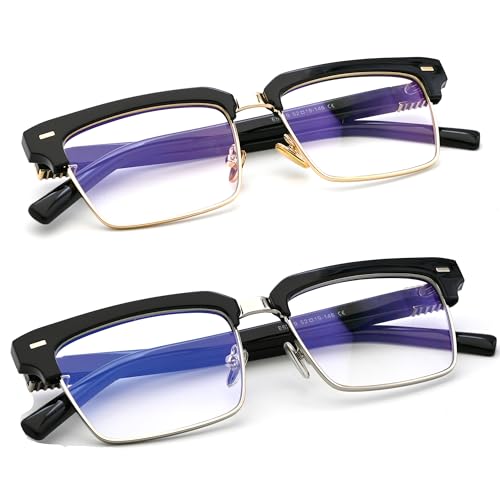 Image of Semi Rimless Rectangle Blue Light Glasses Men Women Black Square Eyewear
