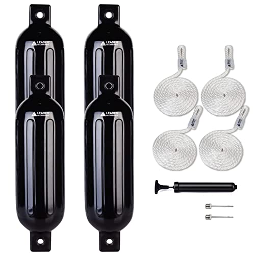 Image of Leader Accessories Ribbed Twin Eyes Boat Fender Bumper Pack of 4 Includes 3 /8'' Fender Lines and Pump to Inflate