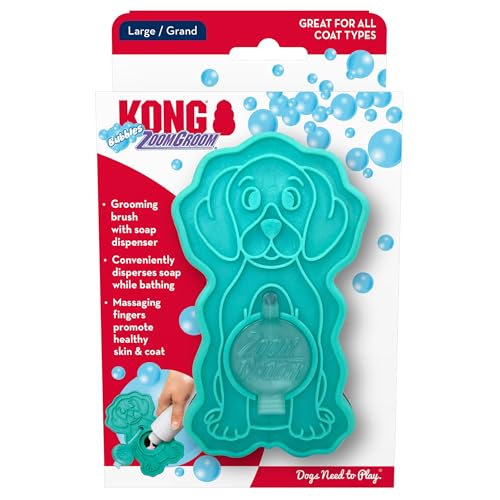 KONG ZoomGroom - Spazzola per cani con bolle, erogazione di sapone, massaggiante e gooming per cani, rimuove i peli cadenti, funziona su tutti i tipi e lunghezze di pelo