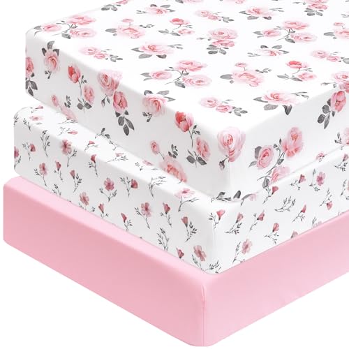 PHF 3 Pack Soft Rose Floral Crib Sheets Fitted, Silky Comfy Breathable Baby Sheets for Boys Girls, 28x52 Inches Fits Standard Crib and Toddler...