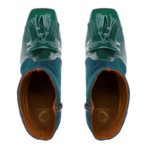 SHODENSE Women Tassel Boots High Chunky Block Heel Square Toe Ankle Booties Fringe Two-Toned Side Zipper Short Combat Boots Patent Suede Patchwork Dress Boots Vintage Chic Fall Boot Office 4-11 M US3