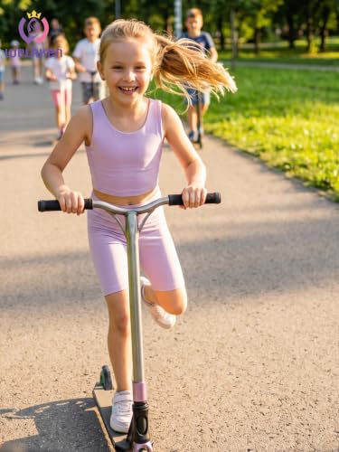 Image of WELAKEN Girls 2 Piece Athletic Outfit Kids Yoga Crop Tank Top and Biker Shorts Set