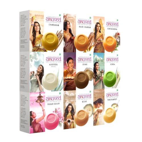 Image of Anuved Family Combo (Pack of 9) Herbal Soaps 125g each Chandanam, Kewda, Utane, Kesar, Panchamrut, Ashtagandha, Aloe Vera, Haldi Chandan & Pahadi Gulab with Sacred Indian Herbs,Enriched with Gangajal