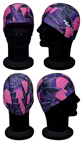 Blue Reef Elasticated Unisex Nylon Lycra Stretchy Swim Hat Bathing Cap Abstract St Tropez Print Deluxe Pull On One Size Fits All Suitable For All Ages 3+ Years (Purple Print) - Image 2