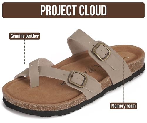 Image of Project Cloud 100% Genuine Leather Womens Sandals -Lightweight Womens Slides Memory Foam Insole & Cork Footbed Sandals Women - Non-Slip Beach Essentials Summer Sandals for Women 2026 (Lian)