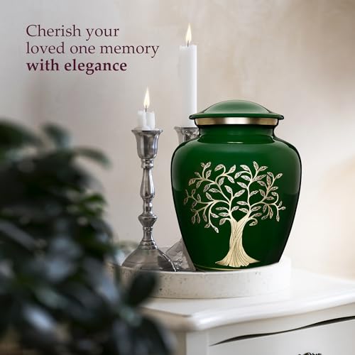 Image of Trupoint Memorials Cremation Urns for Human Ashes, Tree of Life Decorative Burial Urn for Adult Men and Women, Large Dark Green